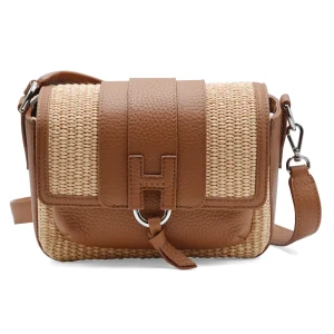 Borsa Hogan Donna H01X Flap Bag Rafia E Vera Pelle Color Cuoio