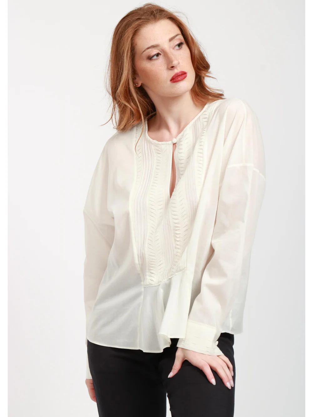 Blusa in Voile di Cotone e Seta Avorio con Ricamo - immagine 3