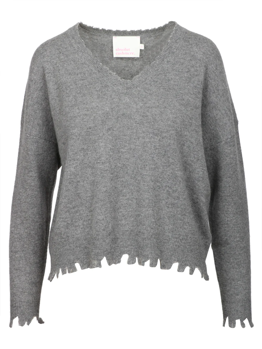 Maglia Mia in Cashmere Grigia con Scollo a V e Rotture