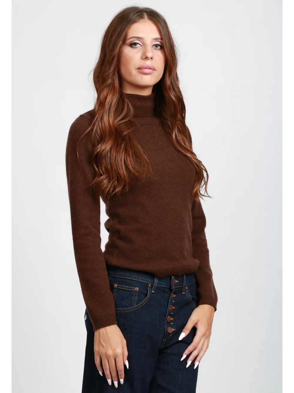 Maglia Ninon in Cashmere Marrone con Collo Alto - immagine 4