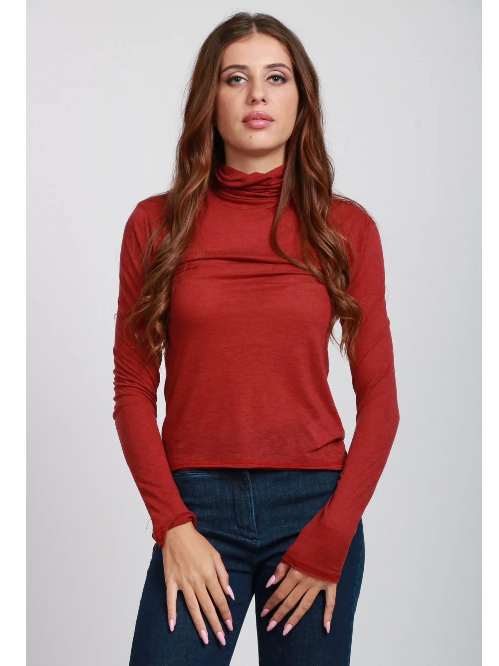 Maglia Sabine in Misto Lana Rossa Scuro con Collo Alto - immagine 3