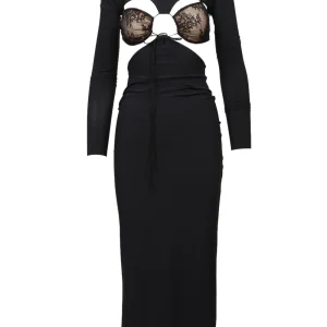 Vestito Dhemi Midi Nero con Cut Out e Dettagli in Pizzo