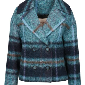 Caban Iris Doppiopetto in Misto Alpaca Check Celeste e Blu