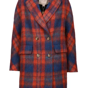 Cappotto Maya Doppiopetto in Misto Alpaca Check Arancio e Blu
