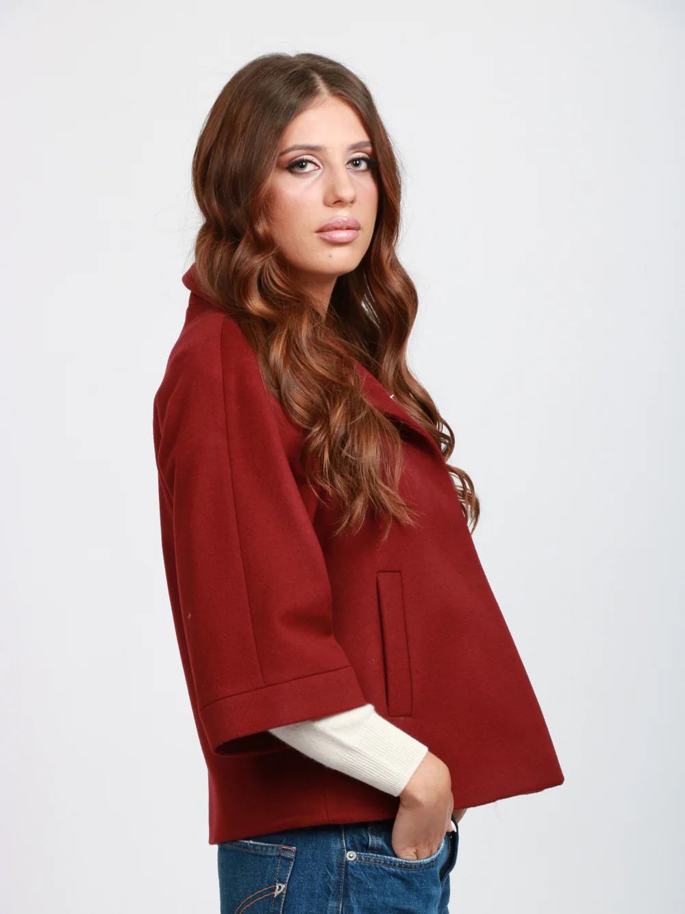 Caban Tonia Monopetto in Lana Bordeaux con Collo Alto - immagine 4