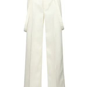 Pantaloni Palazzo Tecla in Canvas di Lana Panna con Bretelle