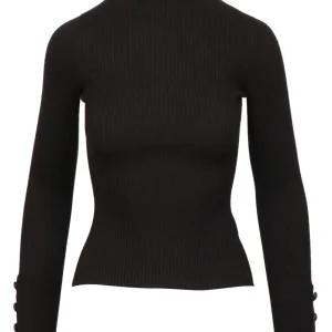 Maglia a Costine Nera con Collo Alto e Bottoni