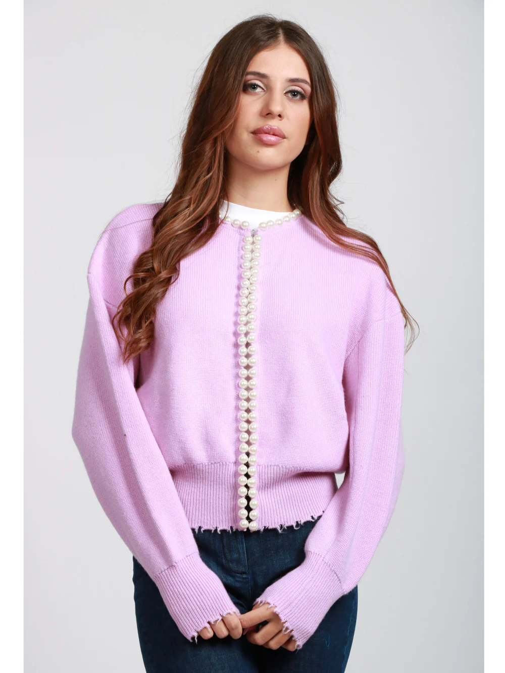 Cardigan Ideas in Misto Lana e Cashmere Rosa con Perle - immagine 3