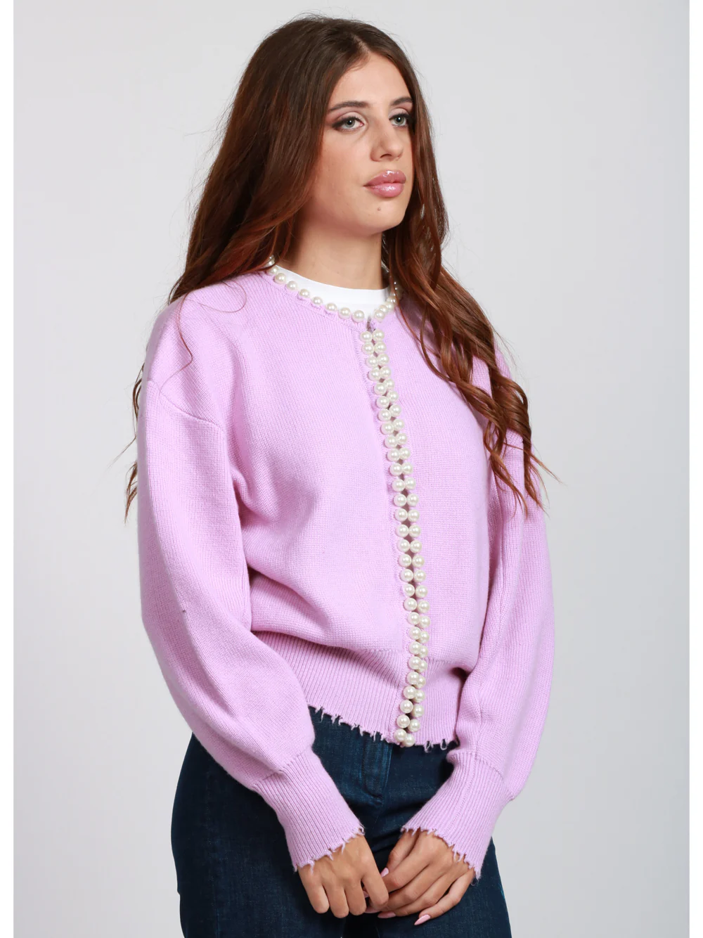 Cardigan Ideas in Misto Lana e Cashmere Rosa con Perle - immagine 4