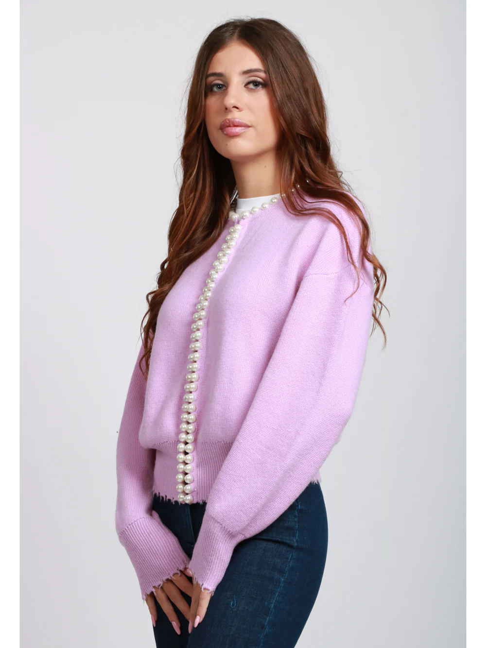 Cardigan Ideas in Misto Lana e Cashmere Rosa con Perle - immagine 5