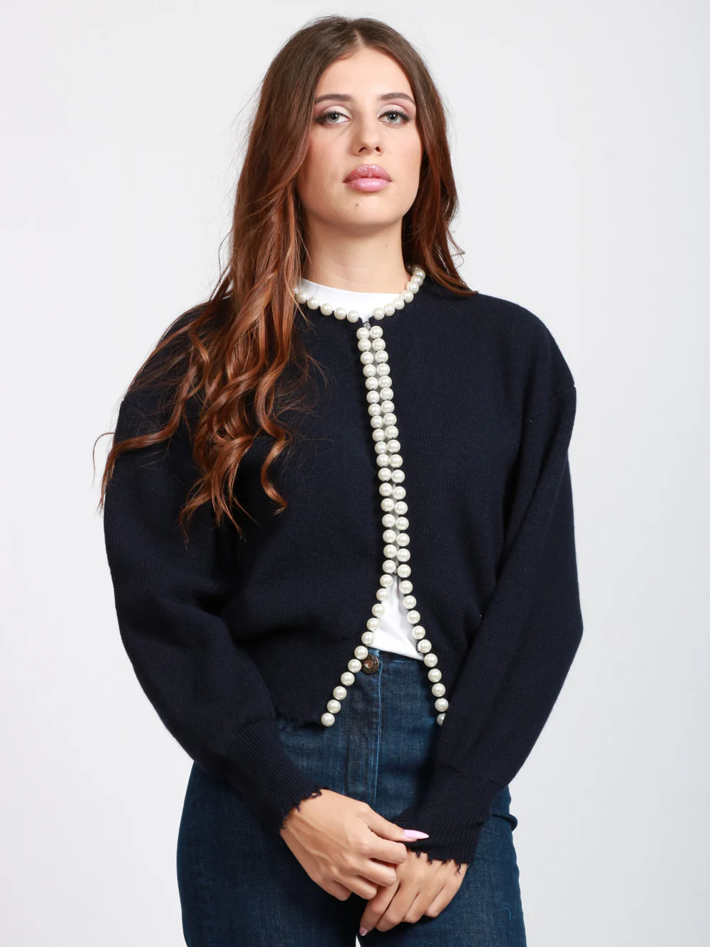 Cardigan Ideas in Misto Lana e Cashmere Blu Notte con Perle - immagine 3