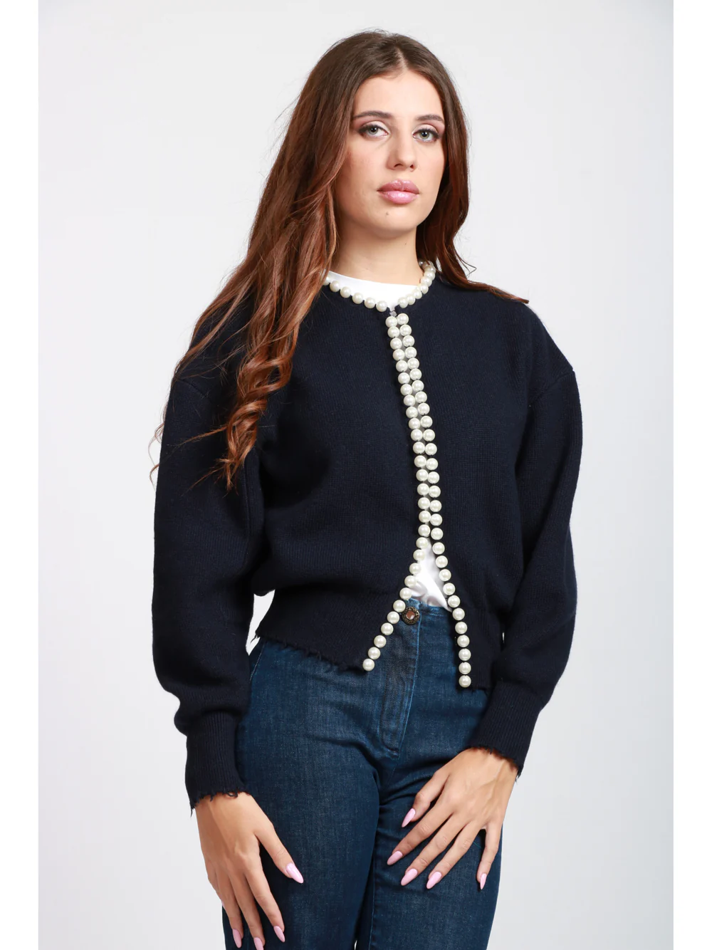 Cardigan Ideas in Misto Lana e Cashmere Blu Notte con Perle - immagine 4
