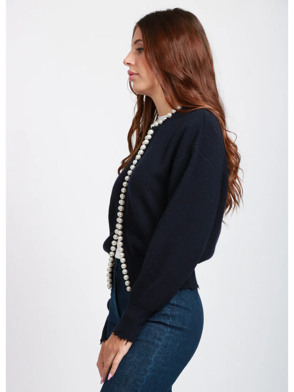 Cardigan Ideas in Misto Lana e Cashmere Blu Notte con Perle - immagine 5