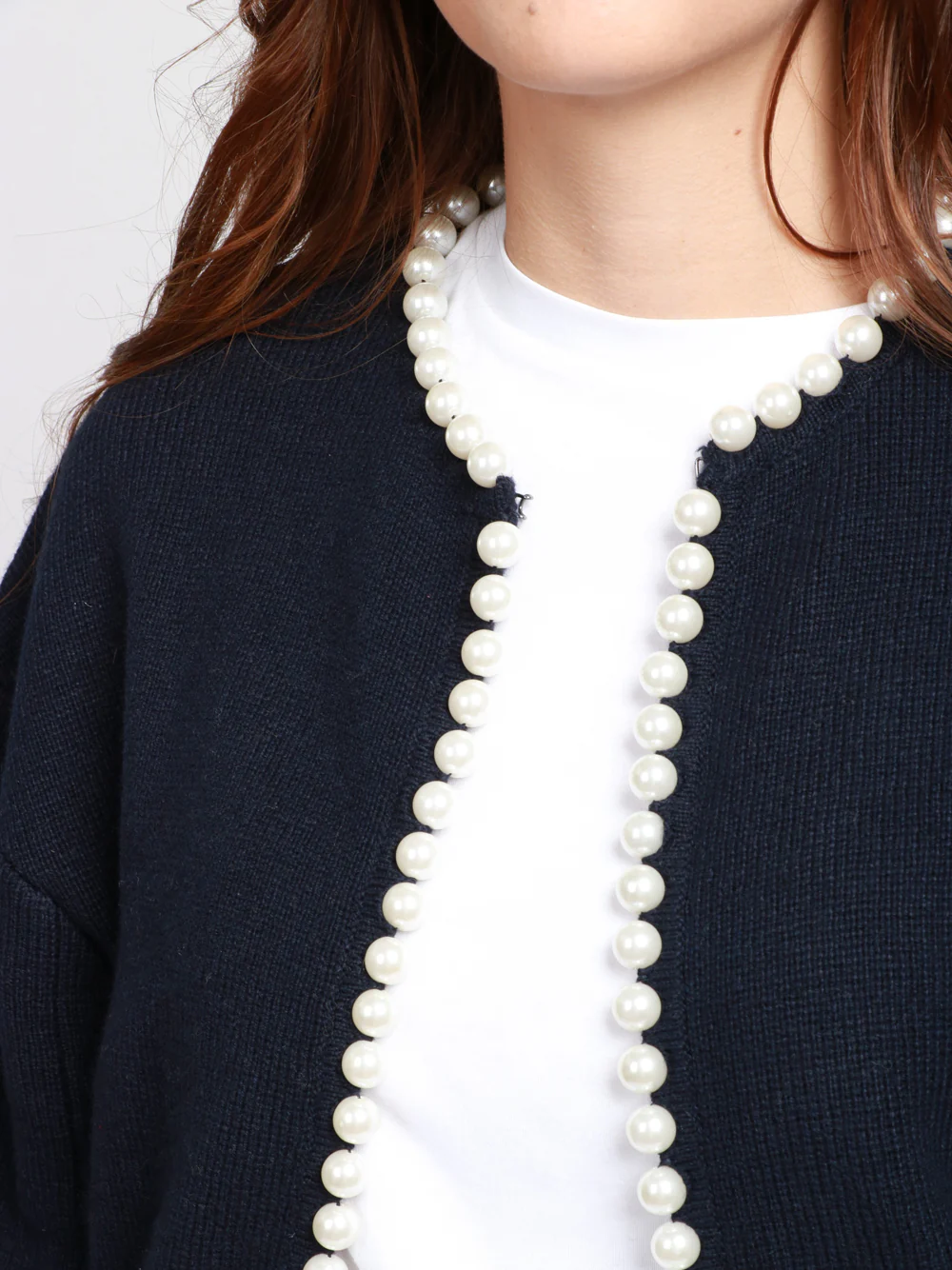 Cardigan Ideas in Misto Lana e Cashmere Blu Notte con Perle - immagine 7