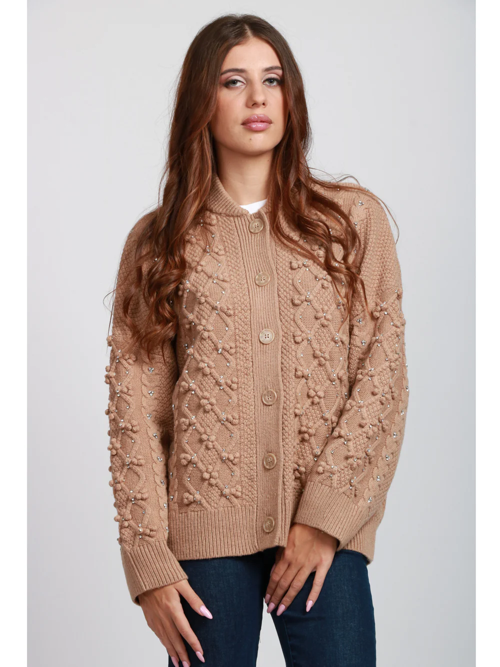 Cardigan Iltimate in Lana Cammello con Lavorazione e Strass - immagine 3