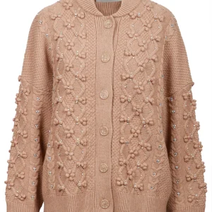 Cardigan Iltimate in Lana Cammello con Lavorazione e Strass