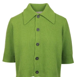 Cardigan Polo in Lana Verde con Maniche Tre Quarti