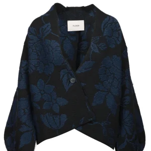 Cardigan in Misto Alpaca e Lana Nero con Jacquard Blu