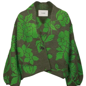 Cardigan in Misto Alpaca e Lana Verde con Jacquard Floreale