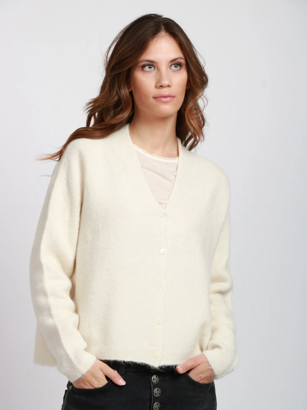 Cardigan in Misto Alpaca Avorio con Scollo a V - immagine 3