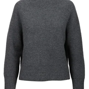 Maglia a Costine in Lana Merino Grigia con Collo a Cratere