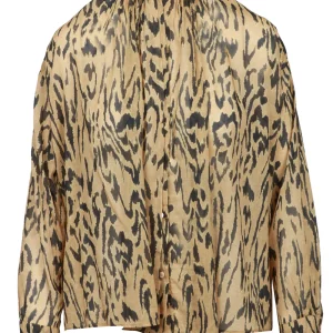 Camicia in Mussola di Misto Seta Animalier Beige e Nera