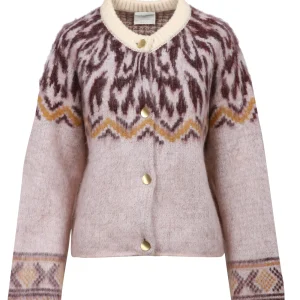 Cardigan Girocollo in Jacquard Alpaca e Mohair Rosa e Bordeaux