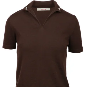 Maglia Polo in Lana Marrone con Dettagli Gioiello