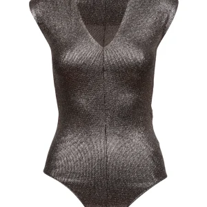 Body Nero Laminato Argento con Scollo a V