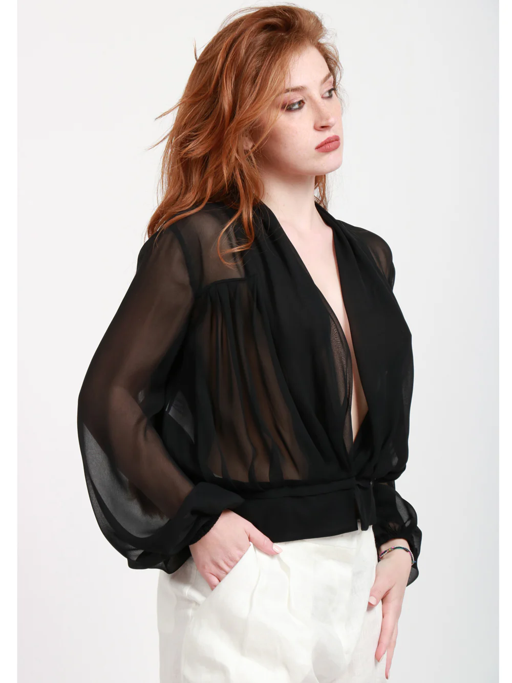 Blusa Cache Coeur in Gerogette Misto Seta Nera - immagine 4