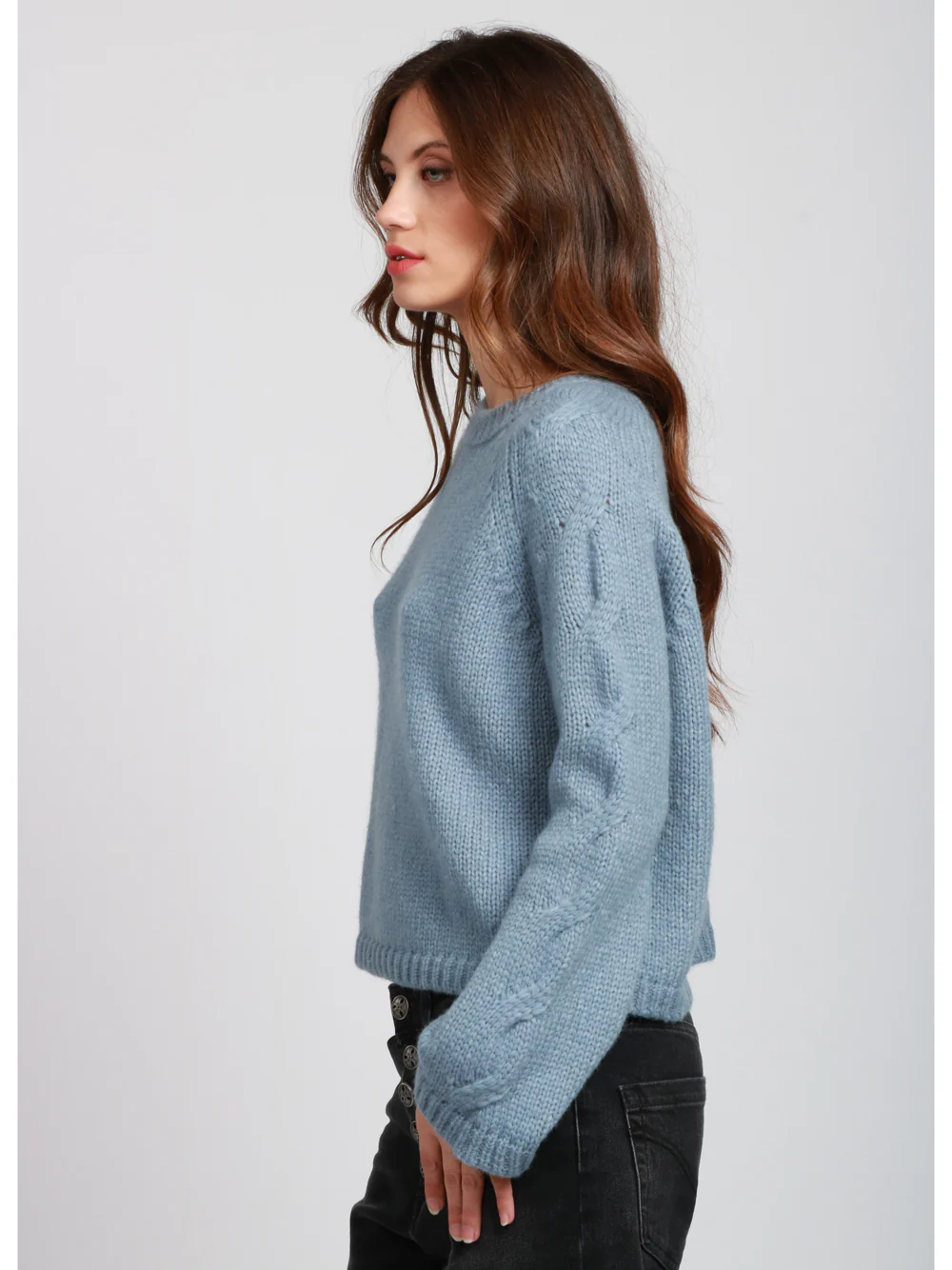 Maglia Girocollo in Baby Alpaca Celeste con Trecce - immagine 5