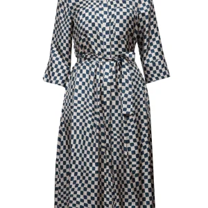 Vestito Giada Chemisier in Seta con Stampa Optical Grigio Perla e Blu
