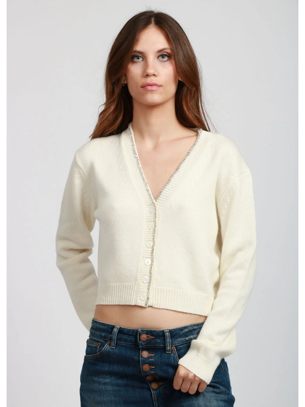 Cardigan Clarinda in Misto Cashmere Panna con Strass - immagine 3