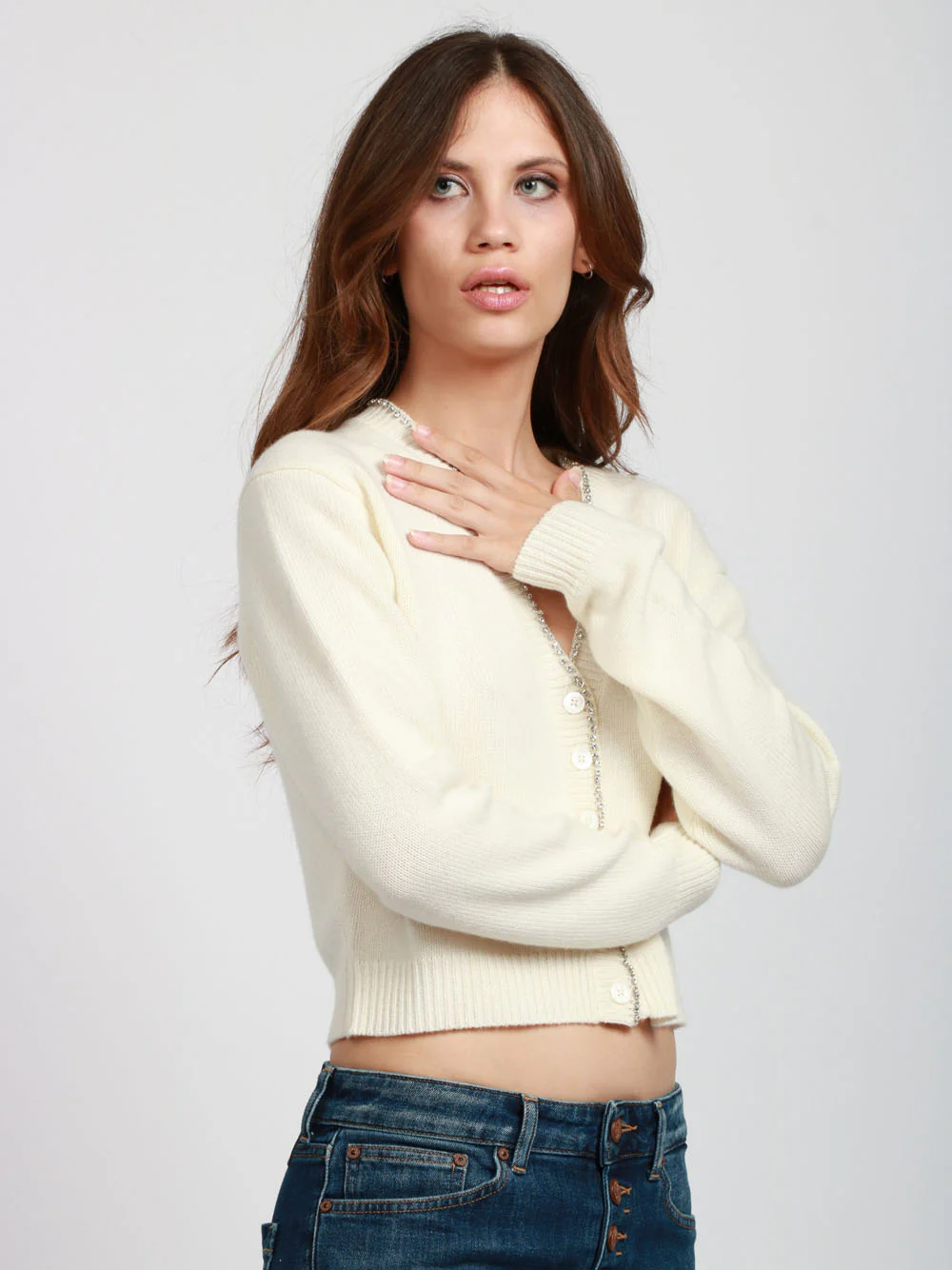 Cardigan Clarinda in Misto Cashmere Panna con Strass - immagine 4