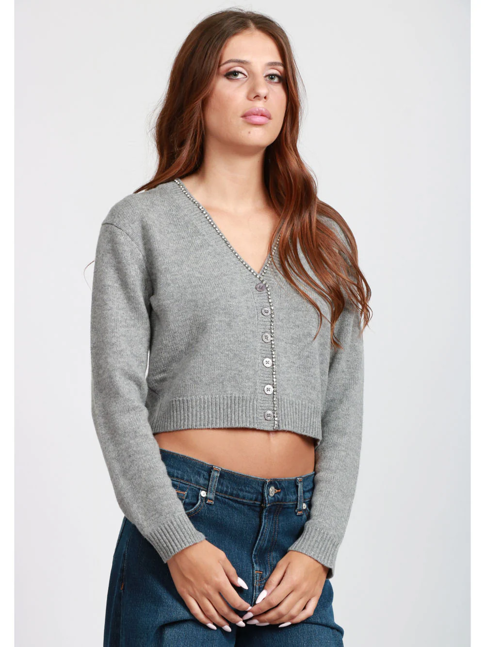Cardigan Clarinda in Misto Cashmere Grigio con Strass - immagine 4