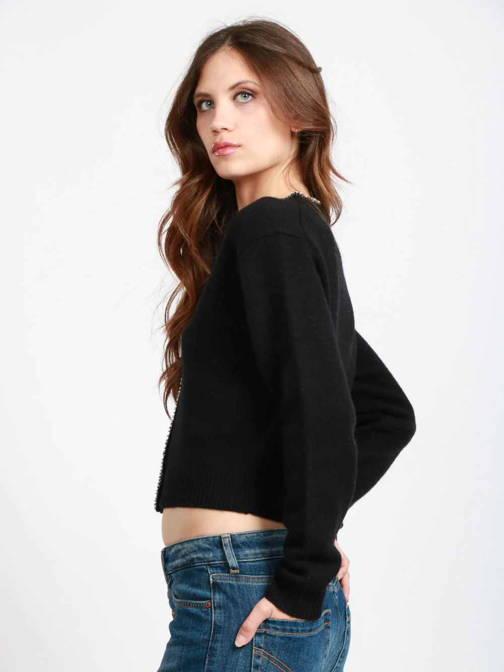 Cardigan Clarinda in Misto Cashmere Nero con Strass - immagine 5