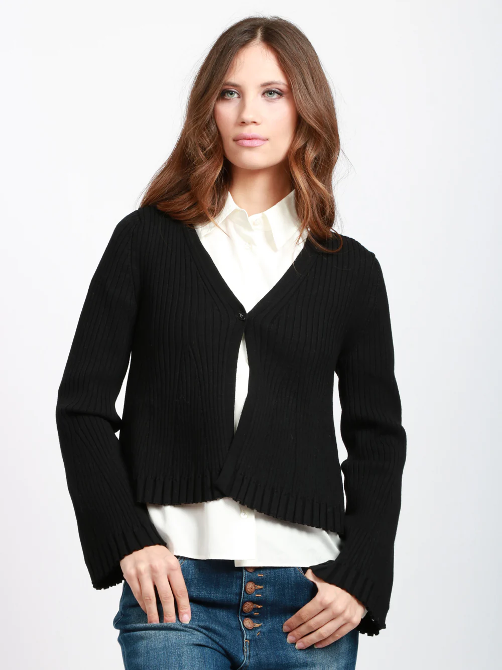 Cardigan Jade a Costine Nero con Scollo a V - immagine 3