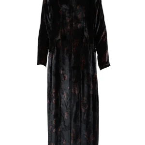 Kimono Lungo in Velluto di Seta Jacquard Blu Notte e Bronzo