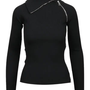 Maglia Pinna in Lana Vergine a Costine Nera con Zip