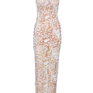 Vestito Ginger Lungo in Tulle Nude con Ricami in Pizzo Perle e Piume