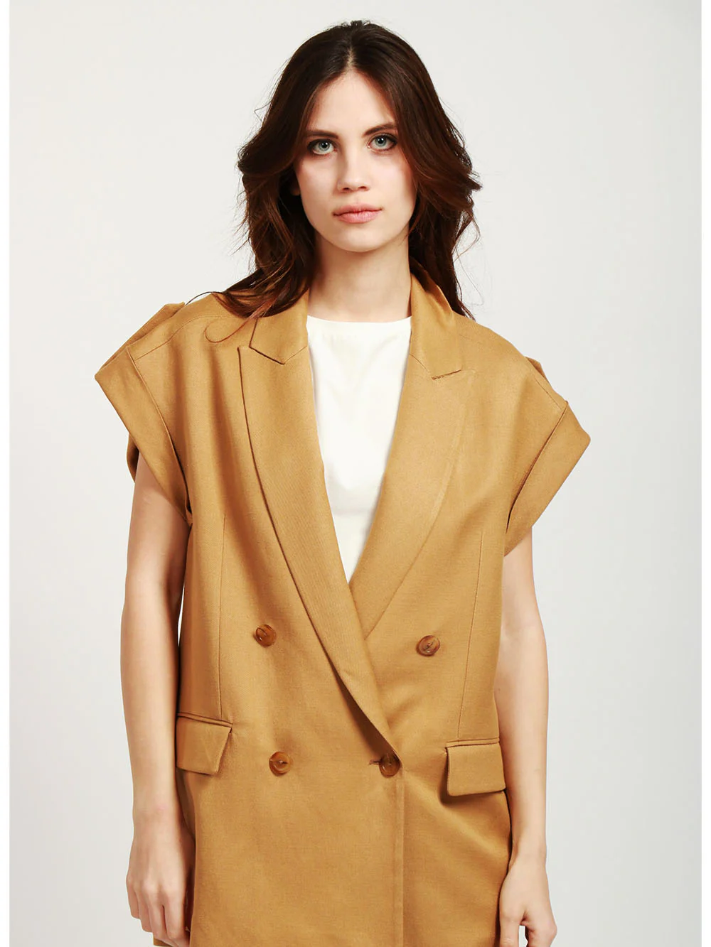 Gilet Doppiopetto in Misto Lino Cammello - immagine 3